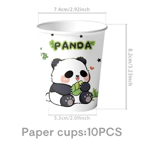 Detail of disposable panda paper cups with dimensions and cute cartoon panda graphics