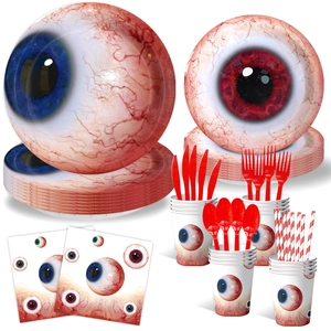 Halloween party supplies set featuring realistic eyeball paper plates and cups