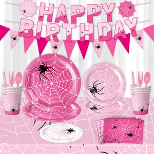 Pink spider web themed birthday party decorations with banners, plates and tableware set