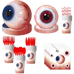Creepy eye theme party tableware set with bloodshot eyeball plates and red utensils