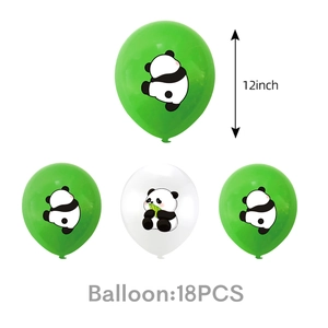 Detail of 12-inch panda party balloons in green and white colors, 18-piece latex set