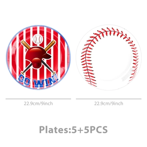 Details von 9-Zoll-Baseball-Papptellern mit Go-Win-Slogans und roten Streifen-Designs