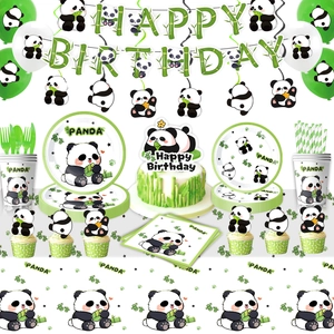 Cartoon panda themed birthday party tableware set with banners and balloons for kids