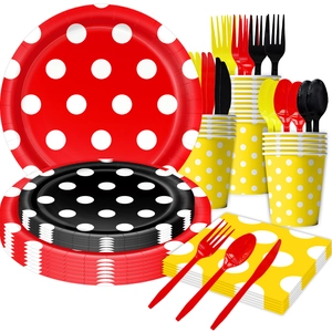 Close-up of colorful polka dot party plates, cups, napkins, and matching plastic cutlery set
