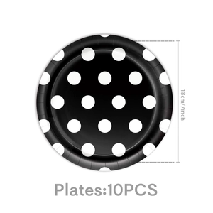 Close-up of 7-inch black paper plate with white polka dots, 10-piece party set