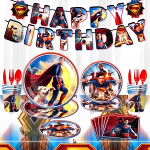 Superman themed birthday party set with banners, plates, cups and napkins for kids