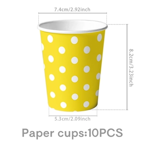 Detail showing dimension of yellow paper cups with white polka dots for party birthday