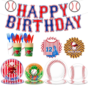 Baseball themed birthday party supplies set with banners, plates, cups and utensils
