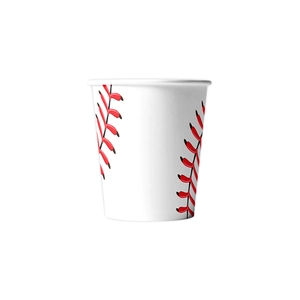 Einweg-Pappbecher im Baseball-Thema mit klassischem rot-schwarzem Nahtdesign für Partys