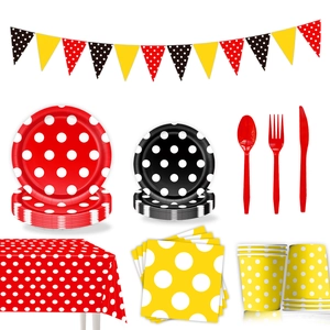 Colorful polka dot party tableware set including plates, cutlery, banner and tablecloth