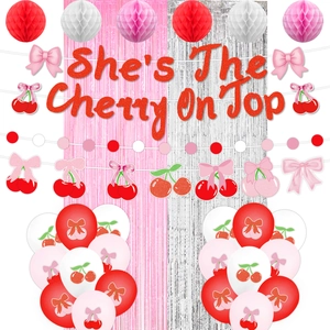 Cherry Theme Party Decorations Set Pink Red White She's The Cherry On Top Banner Latex Balloons For Girls Birthday