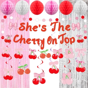 Cherry party decor kit with She's The Cherry On Top banner, tinsel curtains and honeycombs