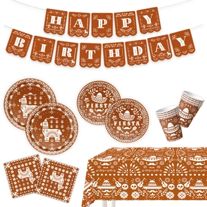 Detail of Day of the Dead party set with alpaca plates, napkins and festive banners