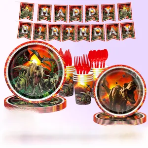 Detailed Jurassic dinosaur party tableware set with volcano plates and birthday banners