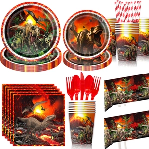 Jurassic volcano dinosaur party tableware set with paper plates cups and napkins