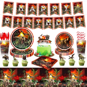 Dinosaur party tableware set with volcano theme plates, napkins and birthday banner