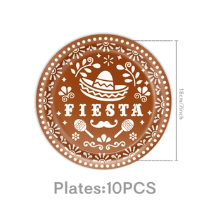 Detail of 7-inch Fiesta paper plates showing festive Mexican patterns and 18cm diameter