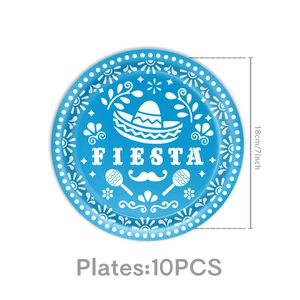 Detail view of 18cm sky blue Mexican Fiesta paper plates with 10 pieces per pack