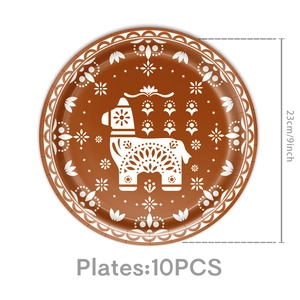 Detail of 10PCS 9-inch brown paper plates with white llama and floral patterns