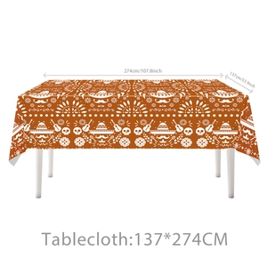 Day of the Dead orange tablecloth with skull and floral patterns, 137x274cm size