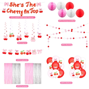 Cherry theme party decoration kit with banner, balloons, and rain curtains for girls