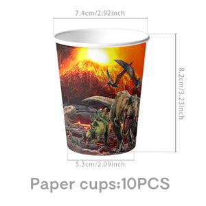 Detailed view of 10-piece Jurassic dinosaur paper cups with height and diameter specs