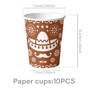 Close-up of Day of the Dead paper cups with Mexican sombrero motifs and size dimensions