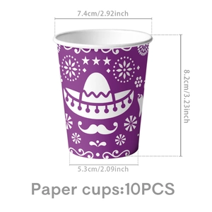 Detailed size specifications for 10 pieces of purple Day of the Dead themed paper cups