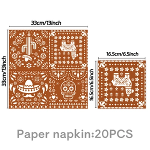 Mexican theme party napkins with cactus and skull icons, 33cm size in 20-piece pack
