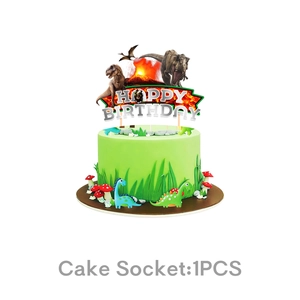 Macro detail of Jurassic dinosaur cake topper with volcano and Happy Birthday sign