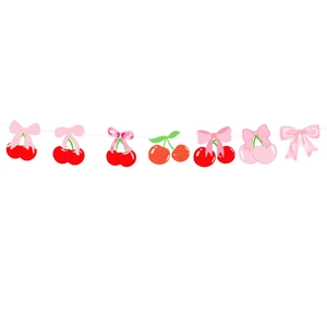 Cherry and pink bow party banner with glitter finish for girls' birthday celebration