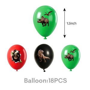 Detailed view of 18PCS 12-inch dinosaur balloons in red, black, and green colors