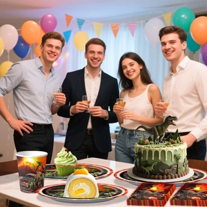 Detailed Jurassic dinosaur party tableware set with volcano prints and T-Rex cupcake toppers