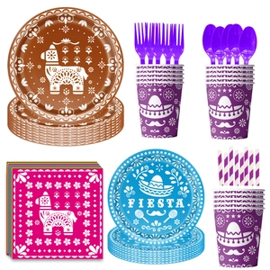 Mexican Fiesta party tableware set with colorful skull and sombrero designs for 10 guests