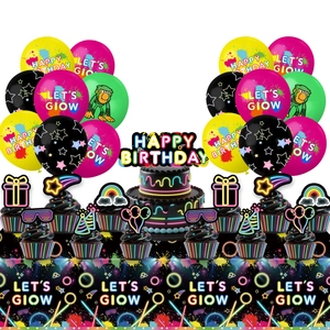 Neon glow party supplies kit with colorful balloons and birthday table decorations
