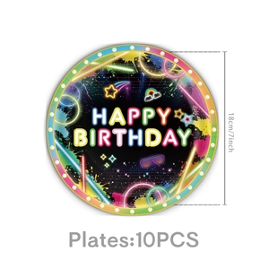 Set of 10 round 7-inch neon Happy Birthday paper plates with retro disco theme design
