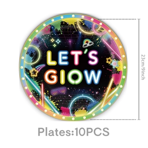 Detail of 9-inch Let's Glow neon party paper plates showing dimensions and 10pcs set pack