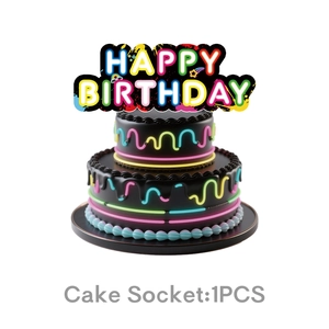 Neon style Happy Birthday cake topper with colorful stars on a black layered cake
