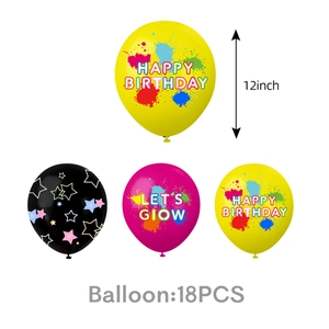 Detailed view of 12-inch neon disco balloons featuring Happy Birthday and star prints