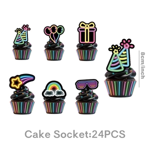 Detailed view of 24pcs neon disco party cake toppers with six vibrant 8cm designs