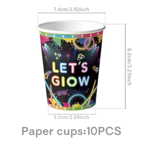 Neon disco party paper cups featuring Let's Glow design with detailed size dimensions