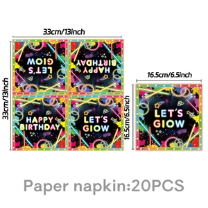 Detail of neon birthday paper napkins with Let's Glow print and 20pcs specification