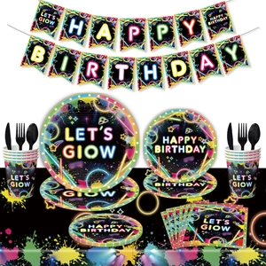 Let's Glow Neon Party Supplies Colorful Splatter Disco Birthday Banner Balloon Cake Topper Tablecloth Tableware Collection