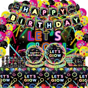 Neon glow party supplies set with Happy Birthday banner balloons and tableware set
