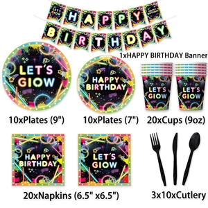 Neon glow theme disco party tableware set with Happy Birthday banner and plates