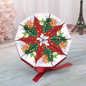 Octagonal Christmas gift box with snowman and tree patterns and a red ribbon tie