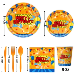 Detailed view of birthday party tableware set including plates cups and napkins with dimensions