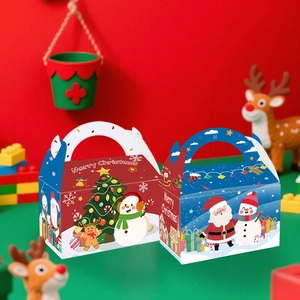 Detail of red and blue Christmas gift boxes with Merry Christmas cartoon illustrations