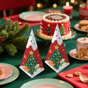 Detailed Christmas triangle gift boxes with holiday illustrations on festive dinner table