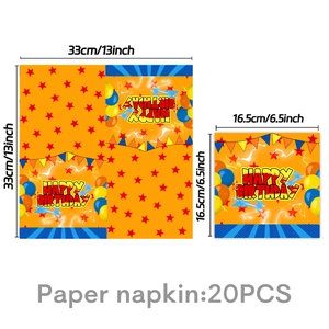 Detail of 20pcs orange birthday napkins with Happy Birthday text and size dimensions